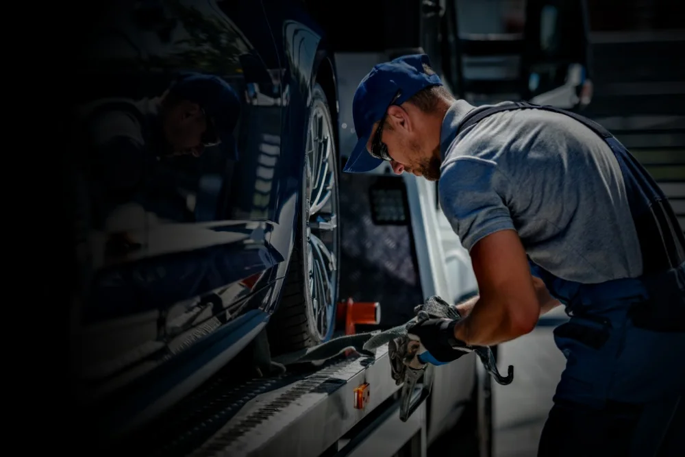 towing specialist securing the car on the tow truck in san fernando valley, california