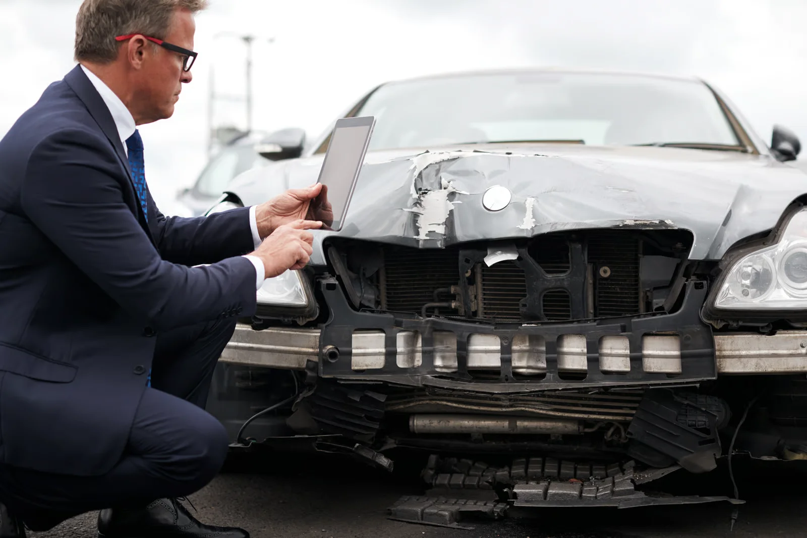 adult assesses car damage after accident with tablet