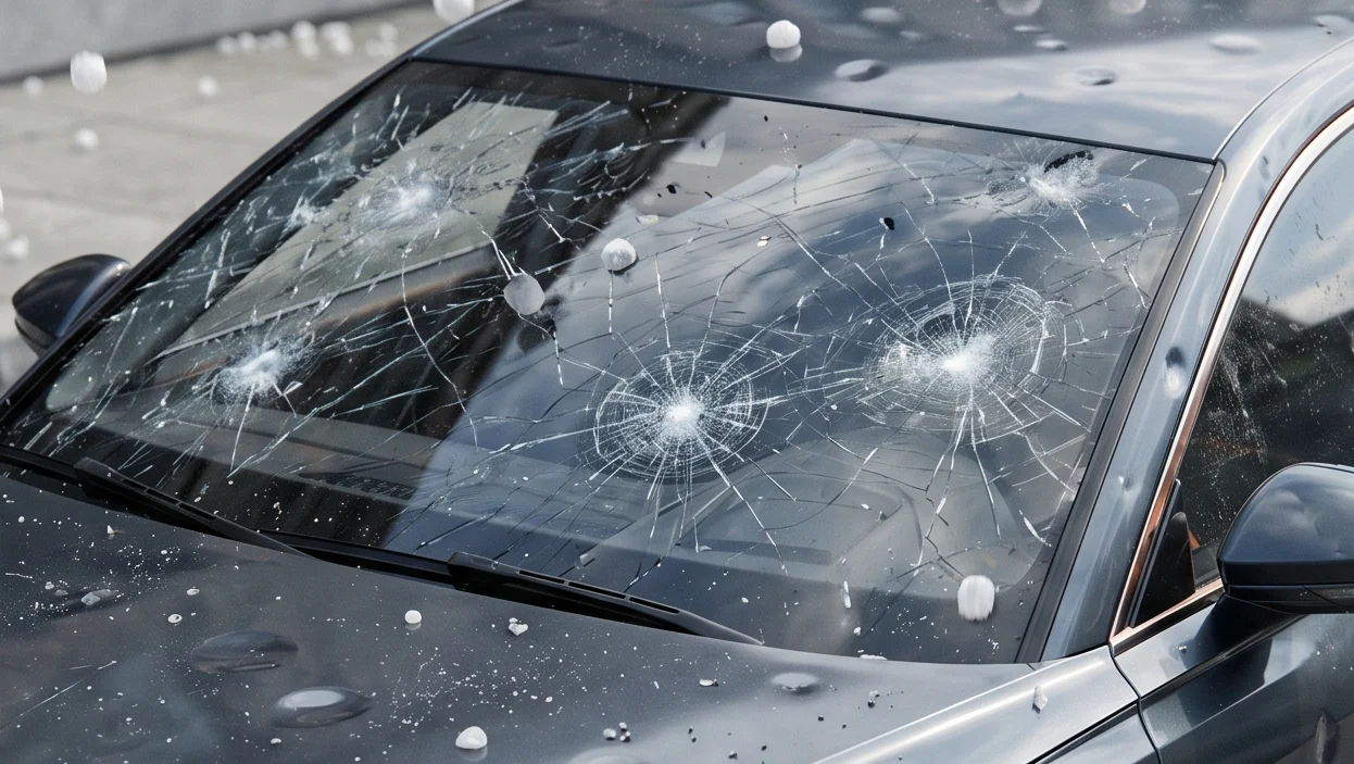 close up windshield after hail damage